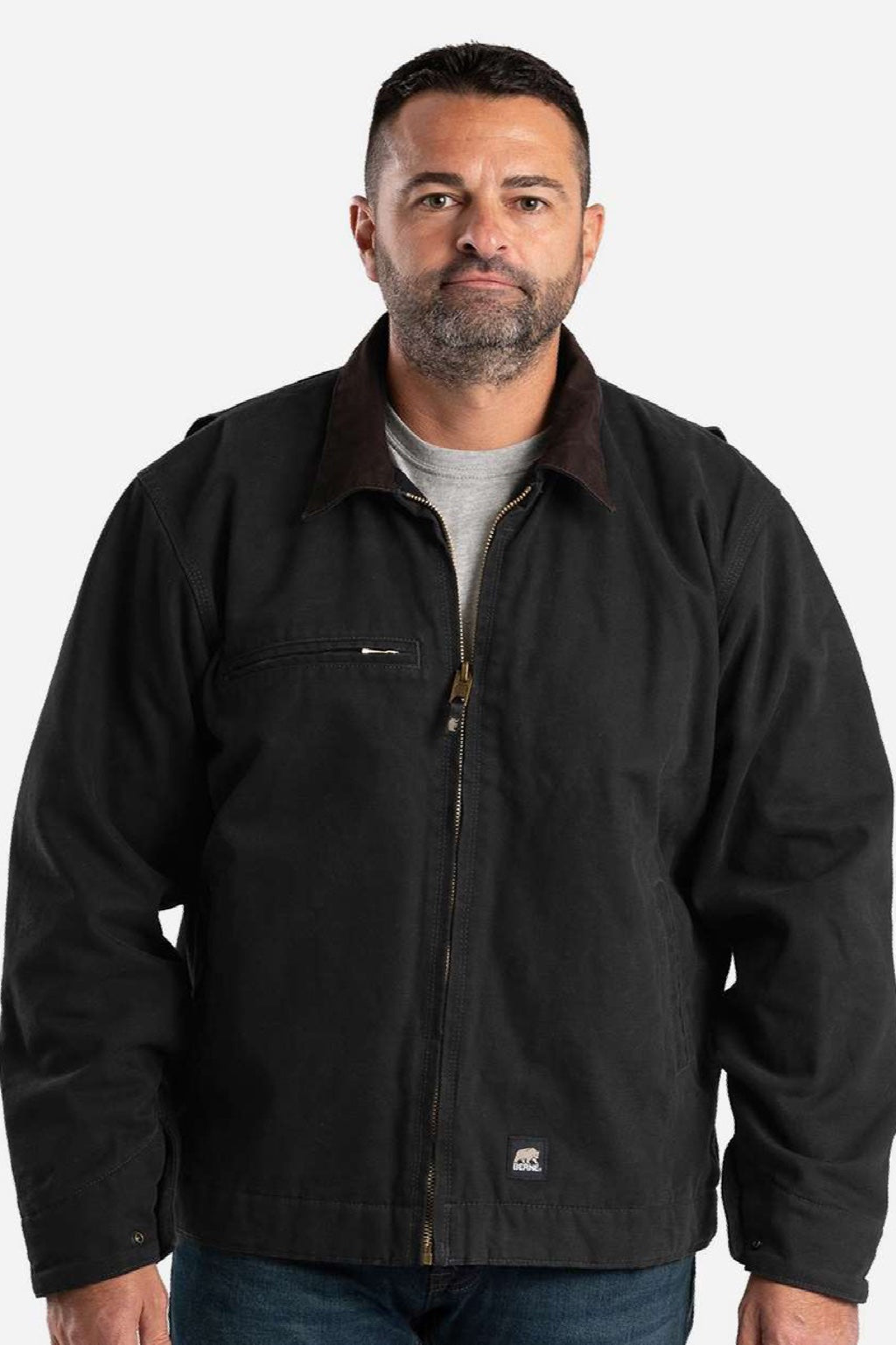Berne J374 Mens Highland Washed Gasoline Full Zip Jacket Black Model Front
