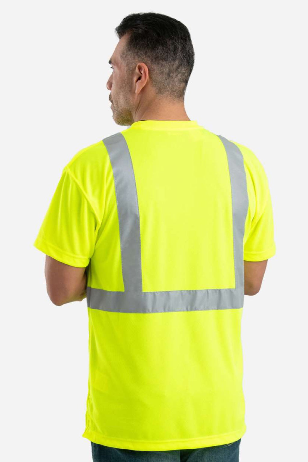 Berne HVK012 Mens Hi Vis Class 2 Performance Short Sleeve Crewneck T-Shirt w/ Pocket Yellow Model Back