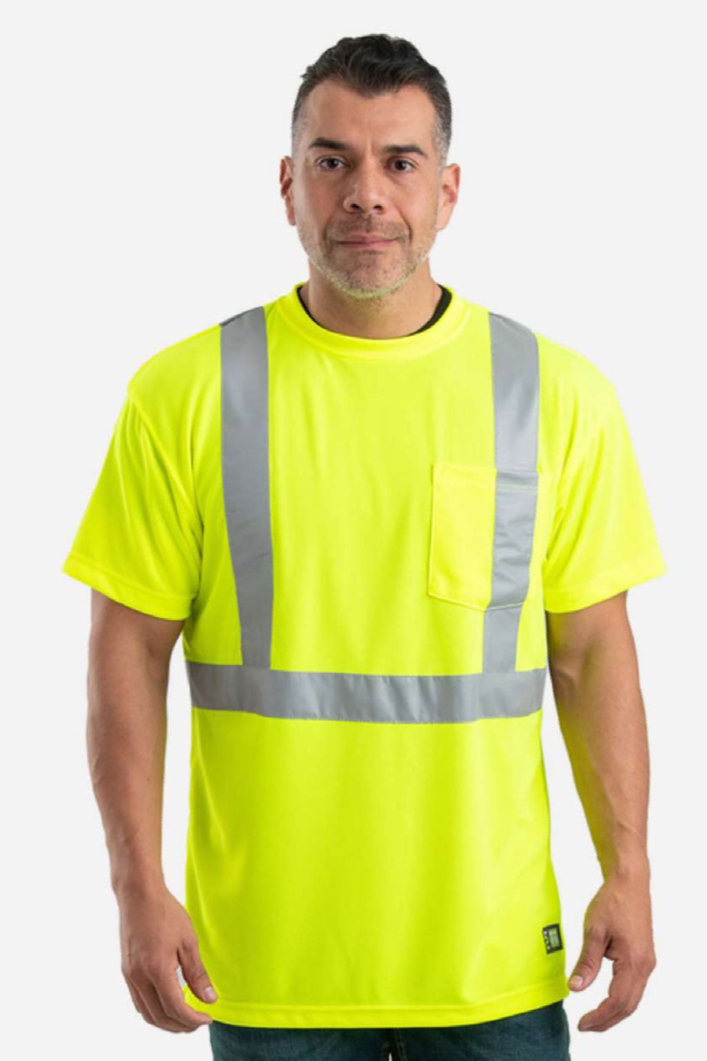 Berne HVK012 Mens Hi Vis Class 2 Performance Short Sleeve Crewneck T-Shirt w/ Pocket Yellow Model Front