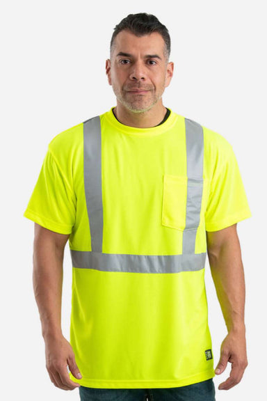 Berne HVK012 Mens Hi Vis Class 2 Performance Short Sleeve Crewneck T-Shirt w/ Pocket Yellow Model Front