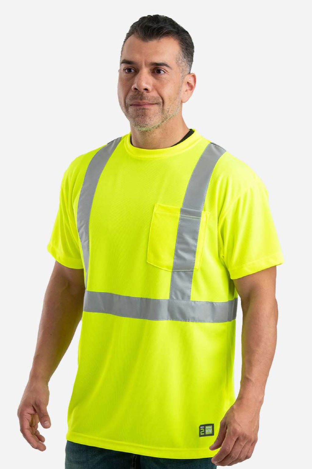 Berne HVK012 Mens Hi Vis Class 2 Performance Short Sleeve Crewneck T-Shirt w/ Pocket Yellow Model Side