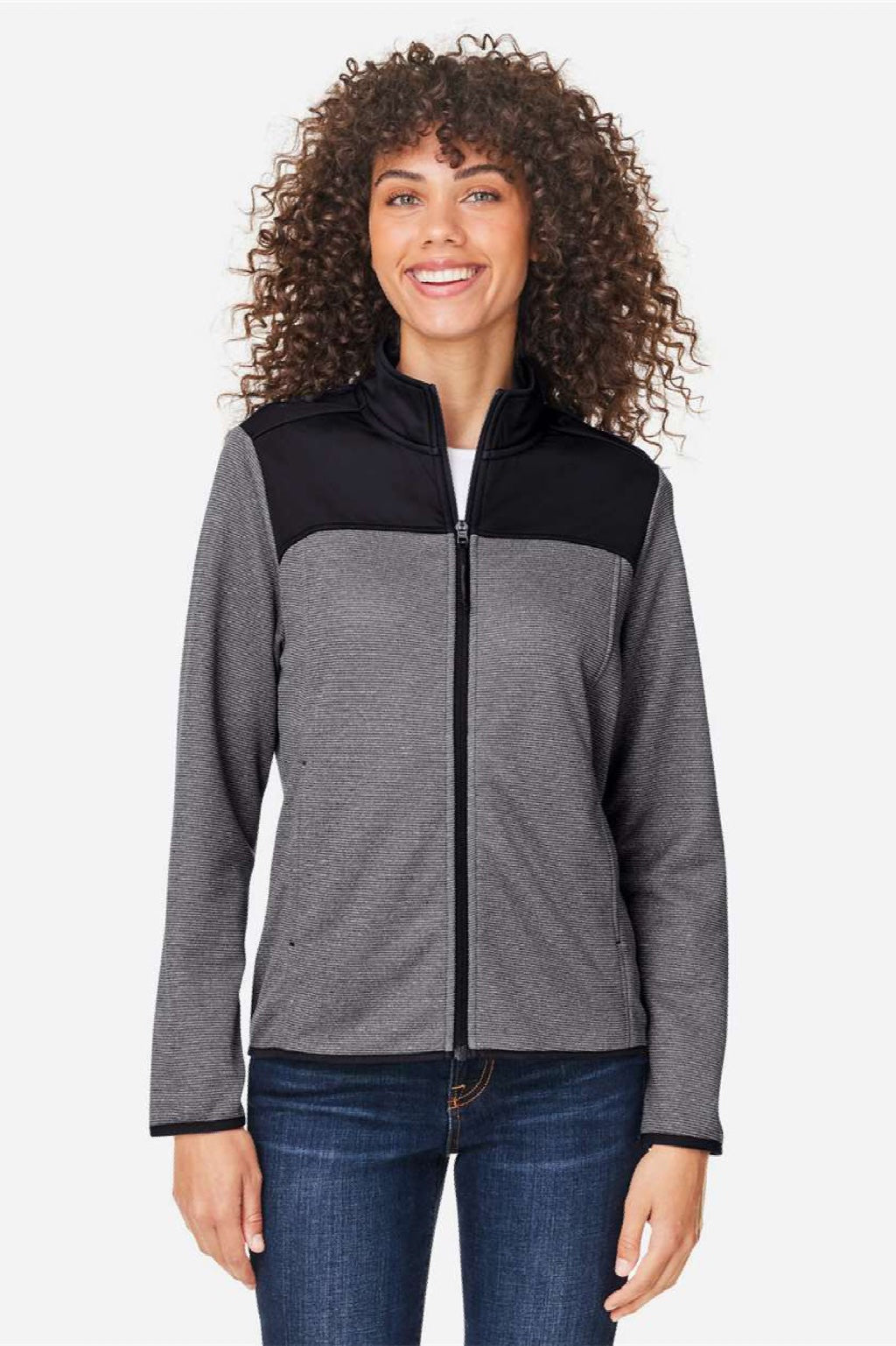 Core 365 CE74W Womens Venture Heathered Stripe Hybrid Full Zip Jacket Black/White Model Front