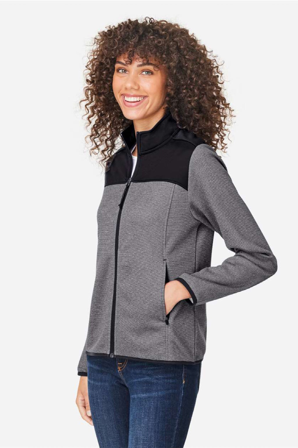 Core 365 CE74W Womens Venture Heathered Stripe Hybrid Full Zip Jacket Black/White Model Side