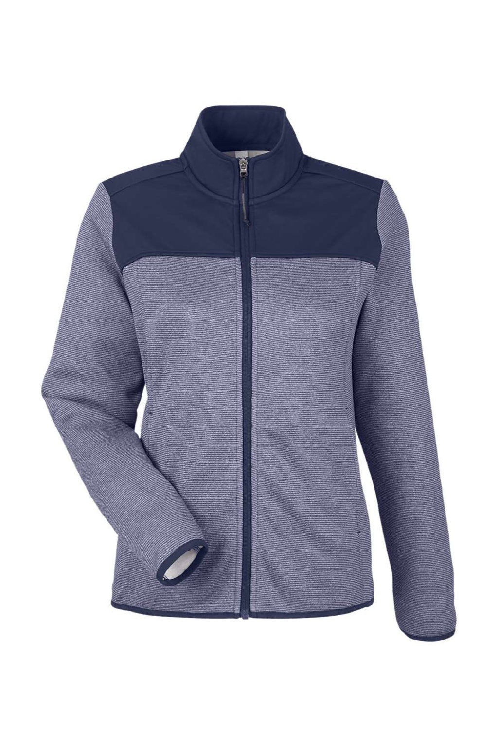 Core 365 CE74W Womens Venture Heathered Stripe Hybrid Full Zip Jacket Classic Navy Blue/White Flat Front