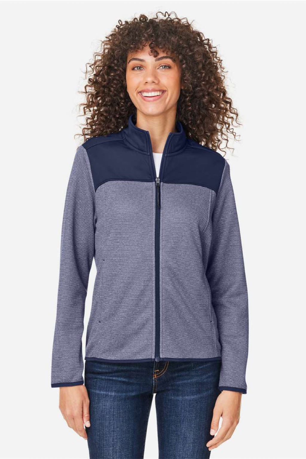 Core 365 CE74W Womens Venture Heathered Stripe Hybrid Full Zip Jacket Classic Navy Blue/White Model Front