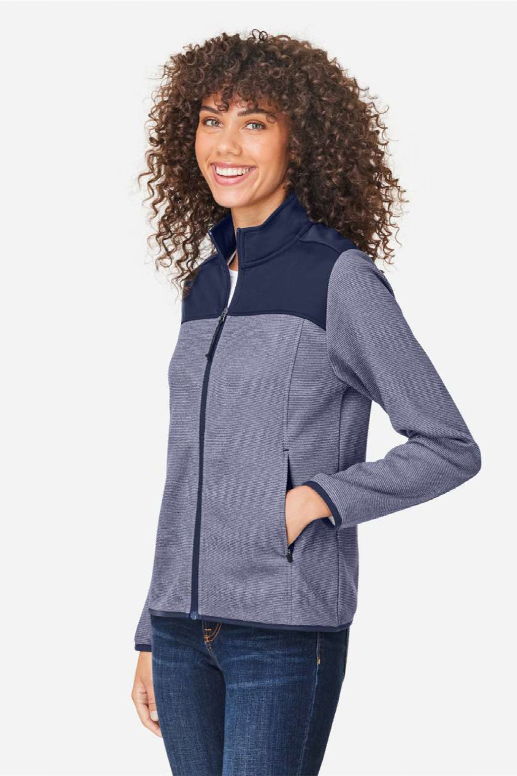 Core 365 CE74W Womens Venture Heathered Stripe Hybrid Full Zip Jacket Classic Navy Blue/White Model Side