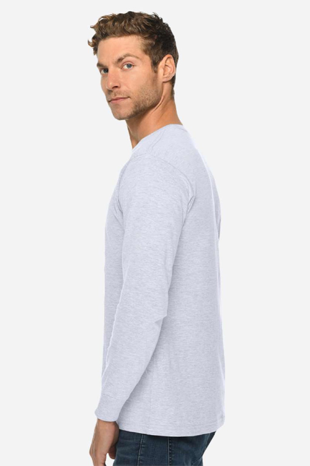 Lane Seven LS15009 Mens Heavyweight Long Sleeve Crewneck T-Shirt Heather Grey Model Side