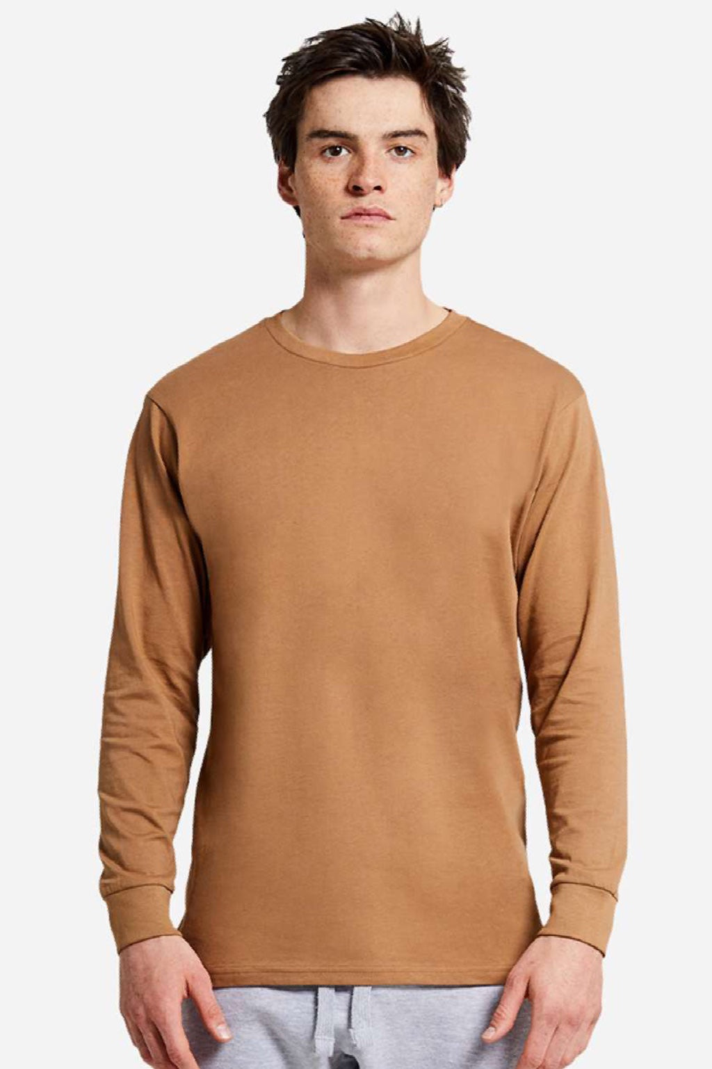 Lane Seven LS15009 Mens Heavyweight Long Sleeve Crewneck T-Shirt Toasted Coconut Model Front