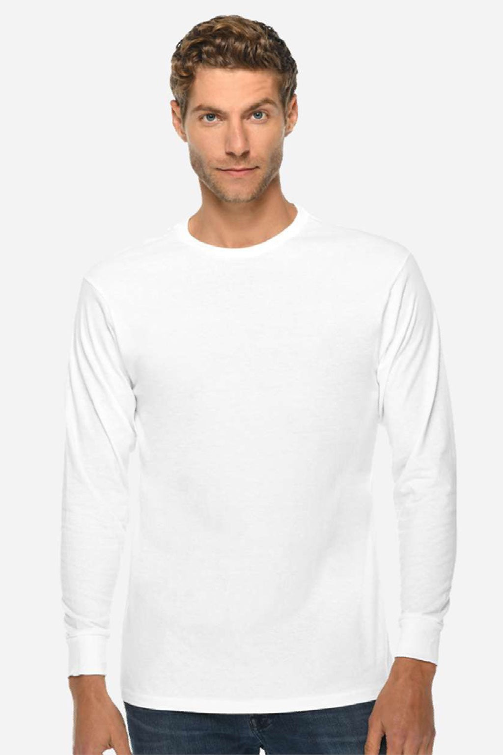 Lane Seven LS15009 Mens Heavyweight Long Sleeve Crewneck T-Shirt White Model Front