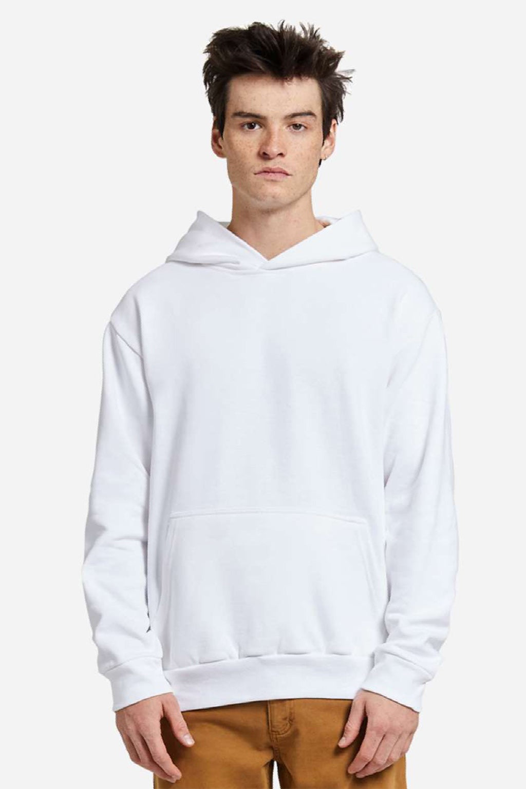 Lane Seven LS16001 Mens Urban Pullover Hooded Sweatshirt Hoodie w/ Pouch Pocket White Model Front