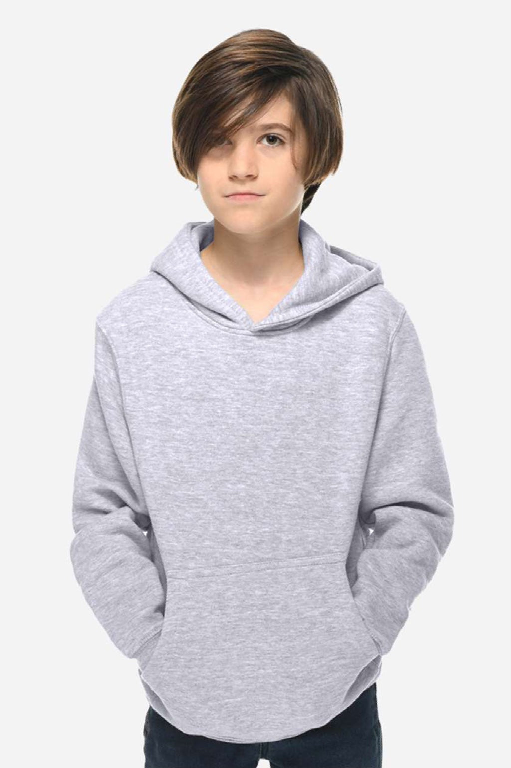 Lane Seven LS1401Y Youth Premium Hooded Sweatshirt Hoodie w/ Pouch Pocket Heather Grey Model Front