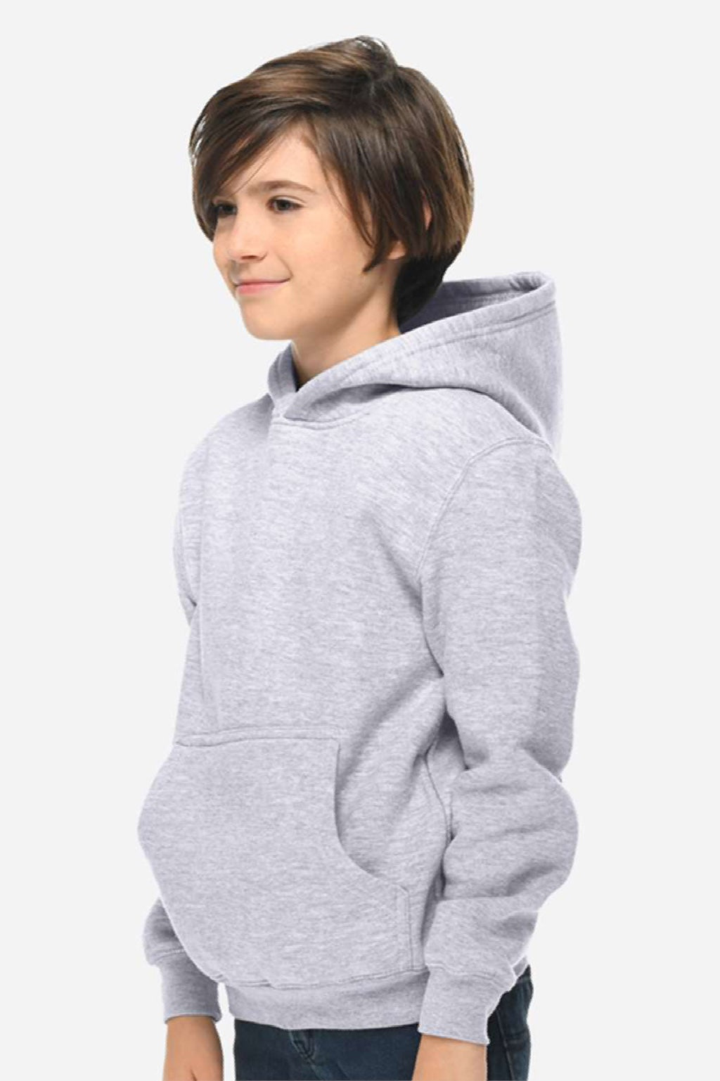 Lane Seven LS1401Y Youth Premium Hooded Sweatshirt Hoodie w/ Pouch Pocket Heather Grey Model Side
