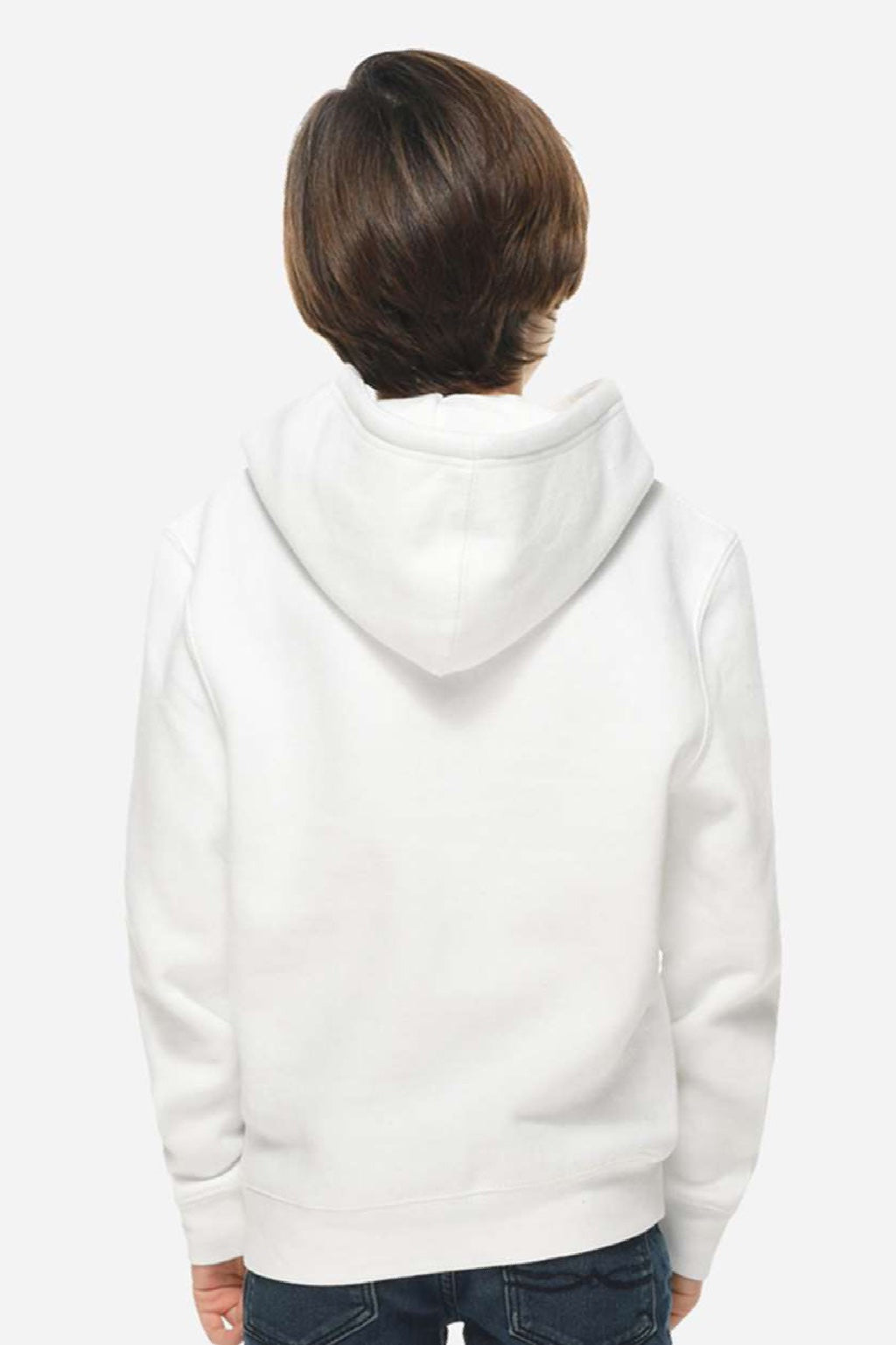 Lane Seven LS1401Y Youth Premium Hooded Sweatshirt Hoodie w/ Pouch Pocket White Model Back