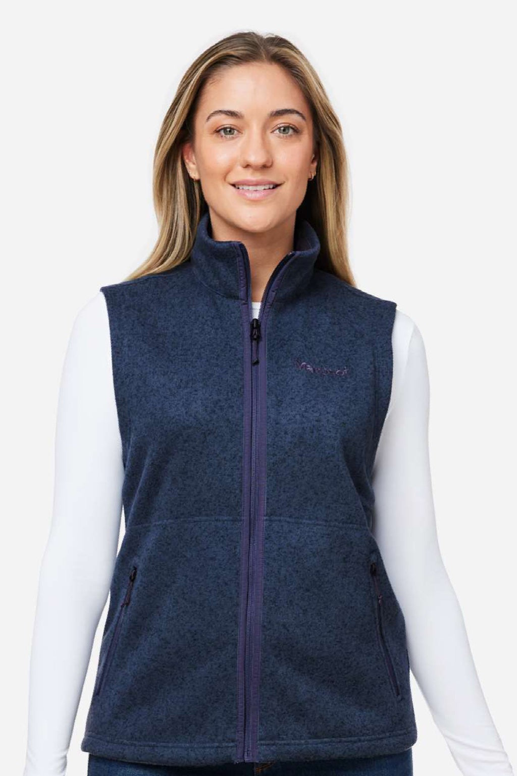 Marmot M16251 Womens Drop Line Fleece Full Zip Vest Heather Arctic Navy Blue Model Front