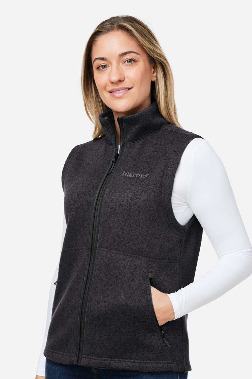 Marmot M16251 Womens Drop Line Fleece Full Zip Vest Heather Black Model Side