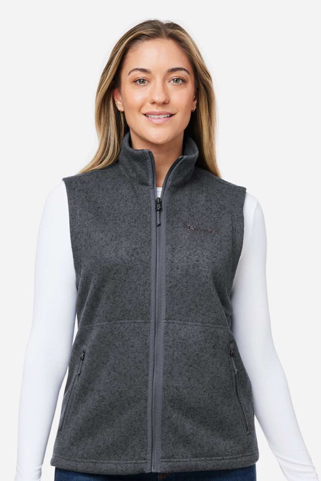Marmot M16251 Womens Drop Line Fleece Full Zip Vest Heather Steel Onyx Grey Model Front
