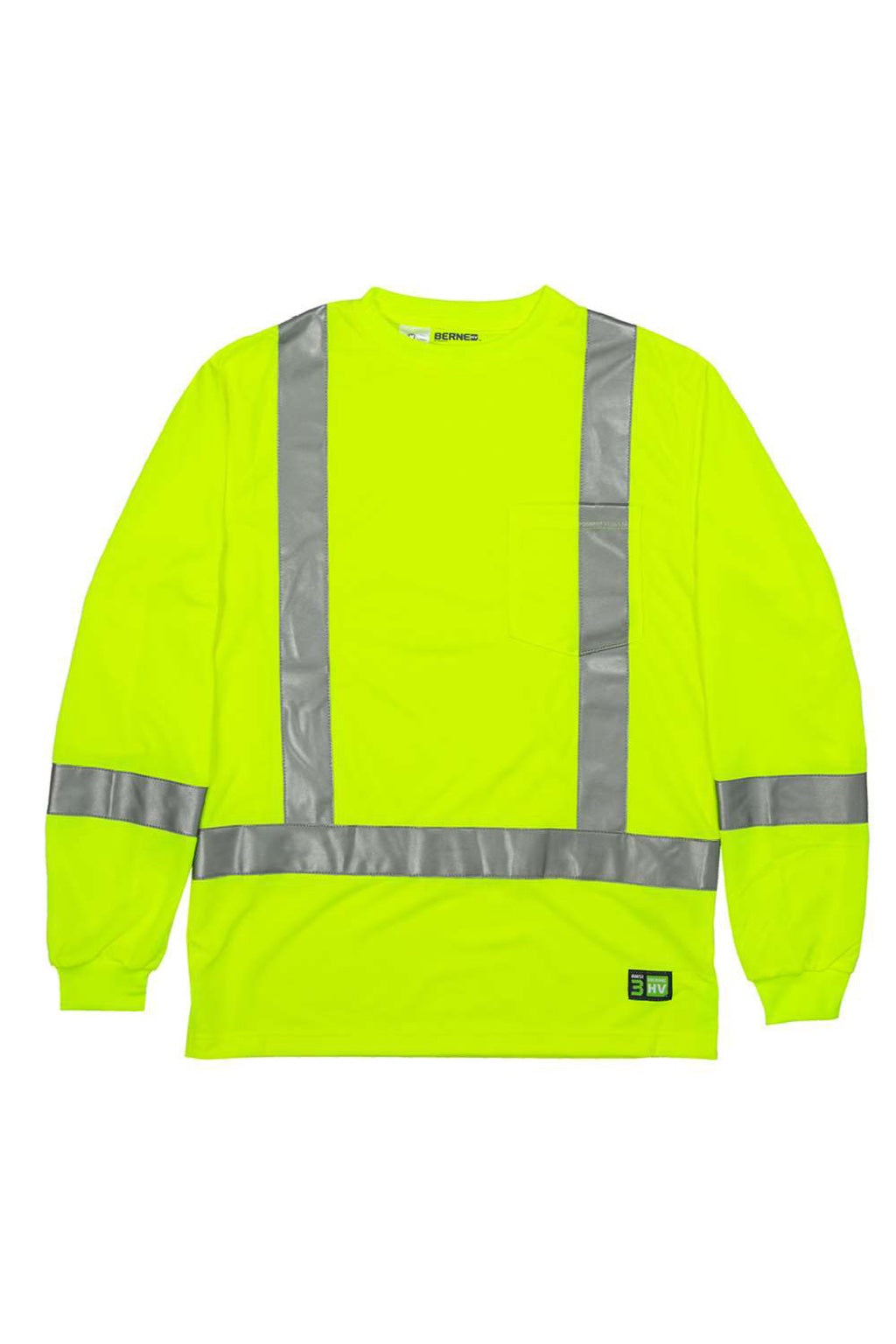 Berne HVK013 Mens Hi Vis Class 3 Performance Long Sleeve Crewneck T-Shirt w/ Pocket Yellow Flat Front
