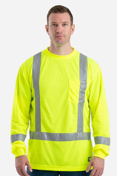 Berne HVK013 Mens Hi Vis Class 3 Performance Long Sleeve Crewneck T-Shirt w/ Pocket Yellow Model Front