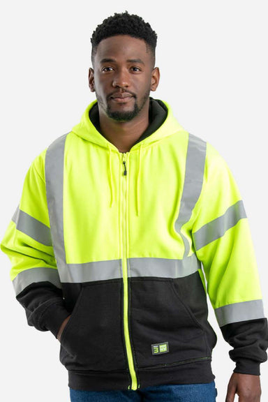 Berne HVF023 Mens Hi Vis Class 3 Color Block Full Zip Hooded Sweatshirt Hoodie w/ Pockets Hi Vis Yellow Model Front
