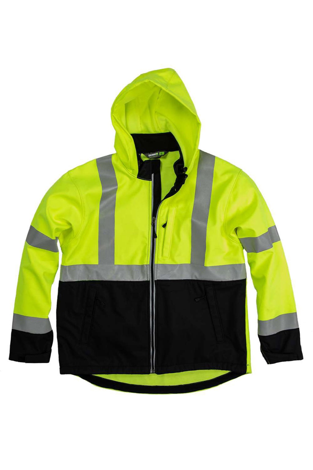Berne HVJS206 Mens Hi Vis Class 3 Full Zip Hooded Soft Shell Jacket Yellow Flat Front