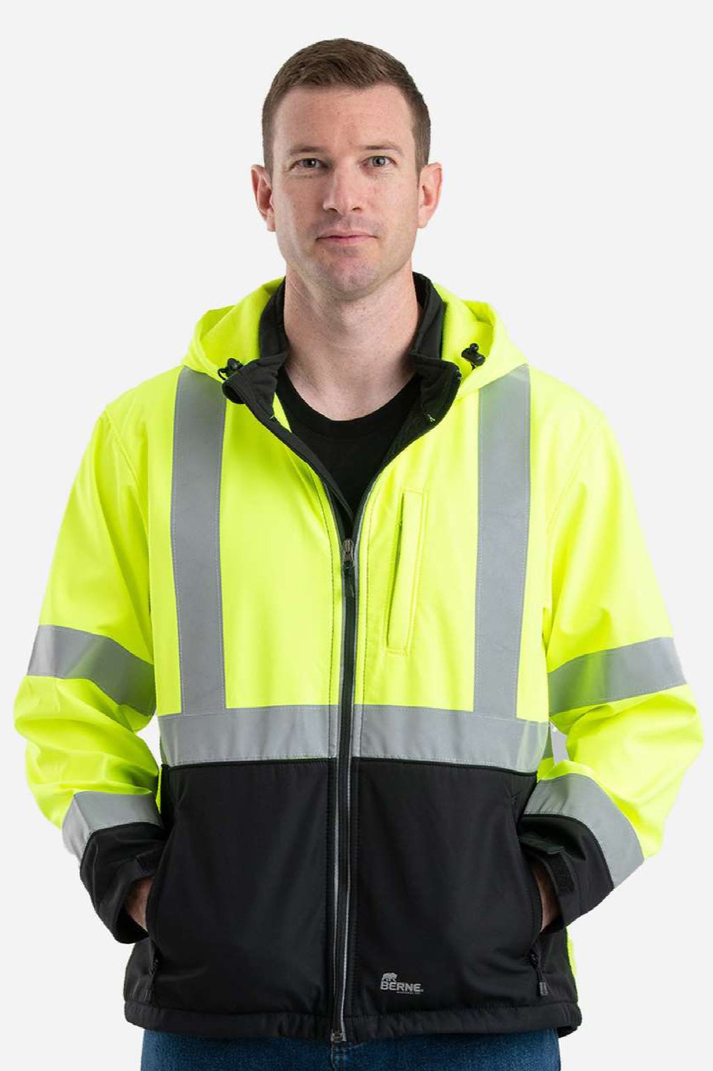Berne HVJS206 Mens Hi Vis Class 3 Full Zip Hooded Soft Shell Jacket Yellow Model Front