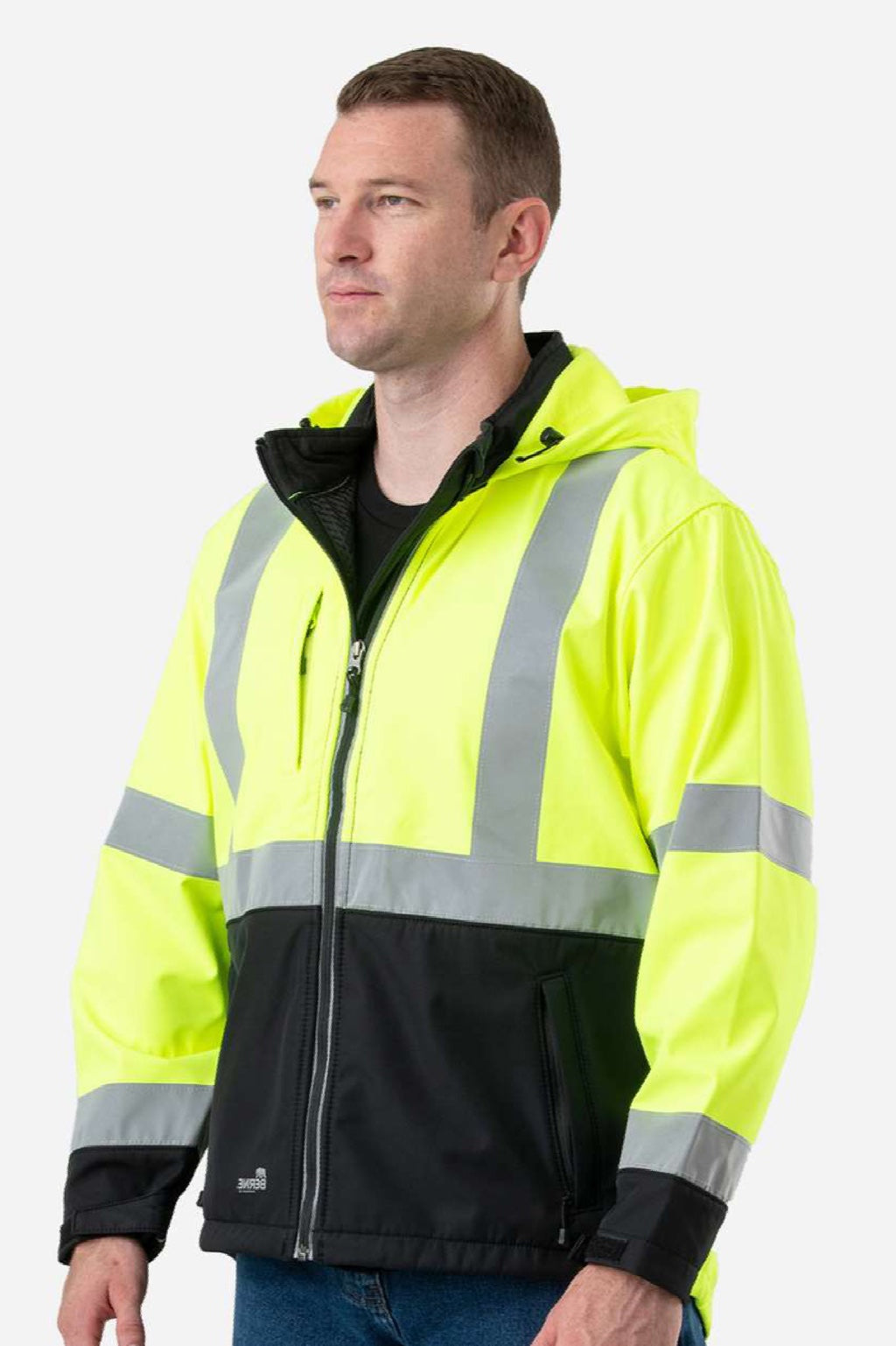 Berne HVJS206 Mens Hi Vis Class 3 Full Zip Hooded Soft Shell Jacket Yellow Model Side