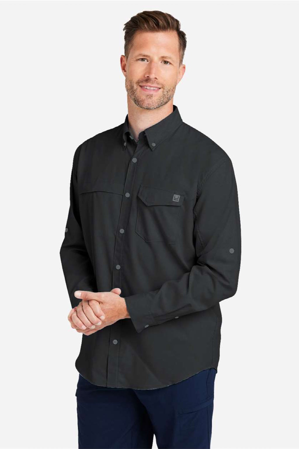 Huk H150172 Mens Tide Point Long Sleeve Button Down Shirt Black Model Side