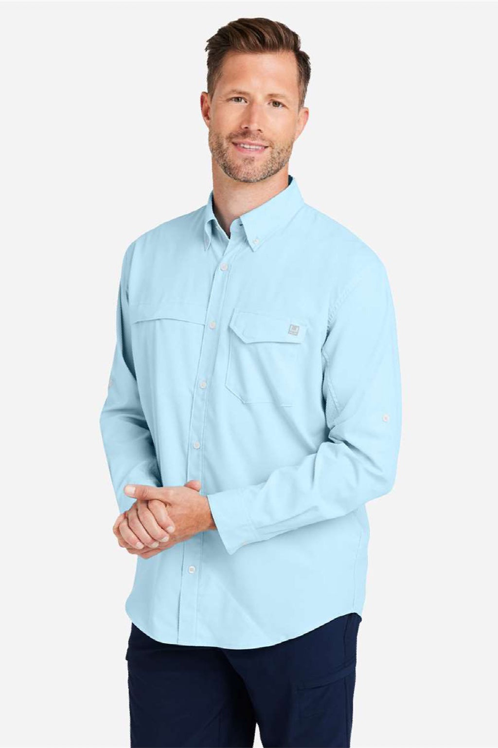 Huk H150172 Mens Tide Point Long Sleeve Button Down Shirt Crystal Blue Model Side