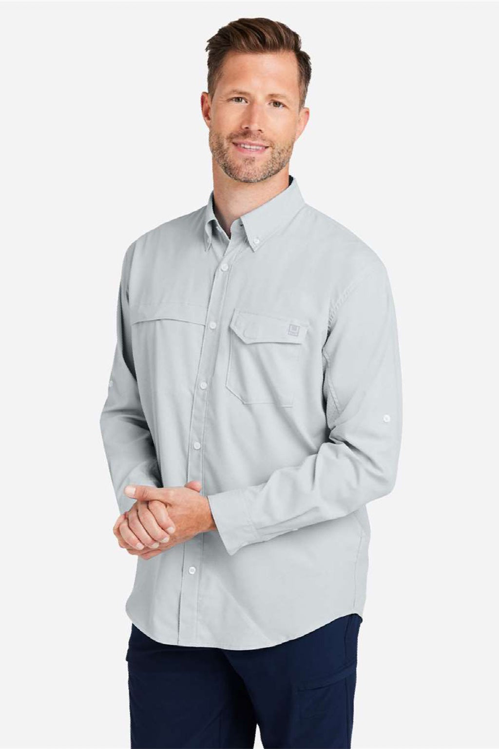 Huk H150172 Mens Tide Point Long Sleeve Button Down Shirt Harbor Mist Grey Model Side