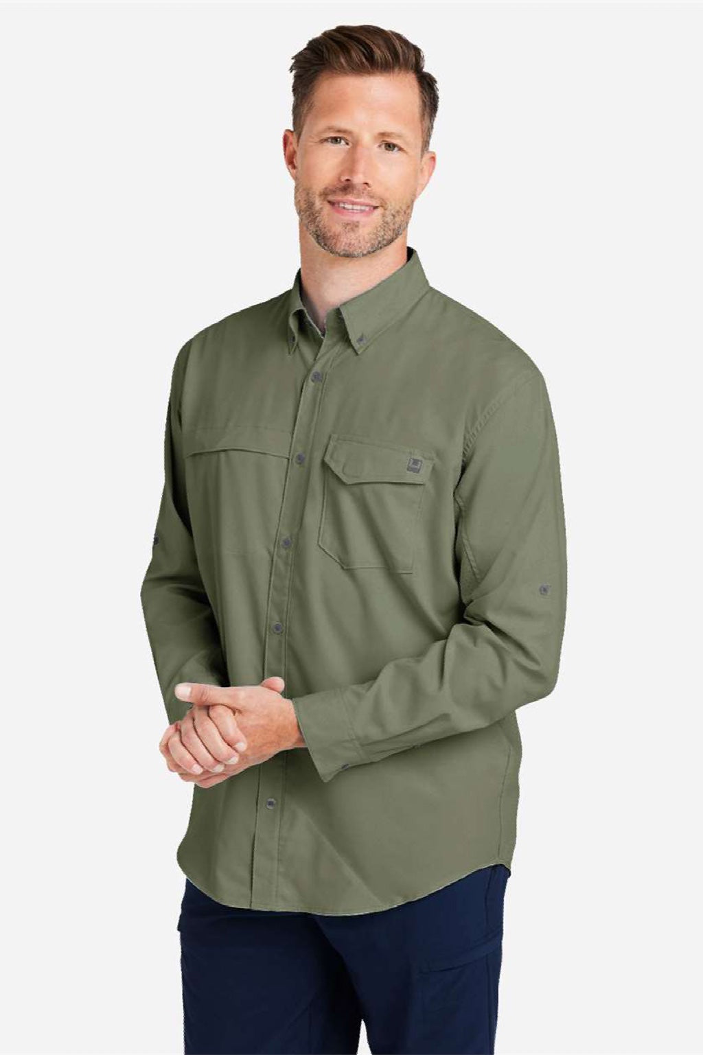 Huk H150172 Mens Tide Point Long Sleeve Button Down Shirt Moss Green Model Side
