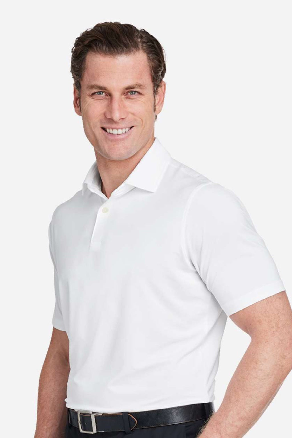 Fairway & Greene F31534 Mens USA Made Tournament Solid Tech Short Sleeve Polo Shirt White Model Side