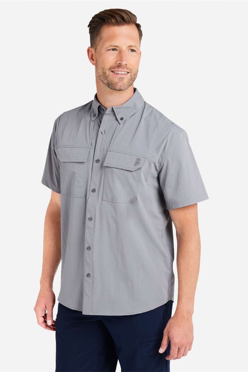 Huk H150183 Mens Creekbed Short Sleeve Button Down Shirt Night Owl Grey Model Side