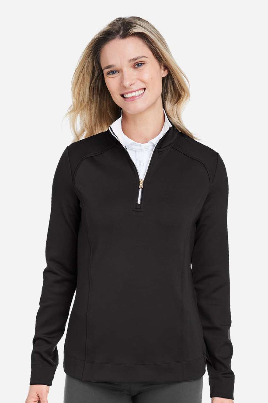 Fairway & Greene F12250 Womens Wells 1/4 Zip Tech Sweatshirt Black/White Model Front
