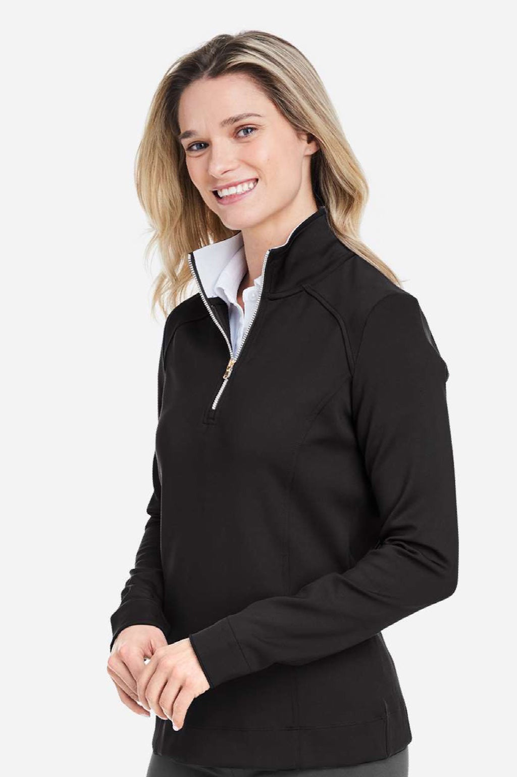Fairway & Greene F12250 Womens Wells 1/4 Zip Tech Sweatshirt Black/White Model Side