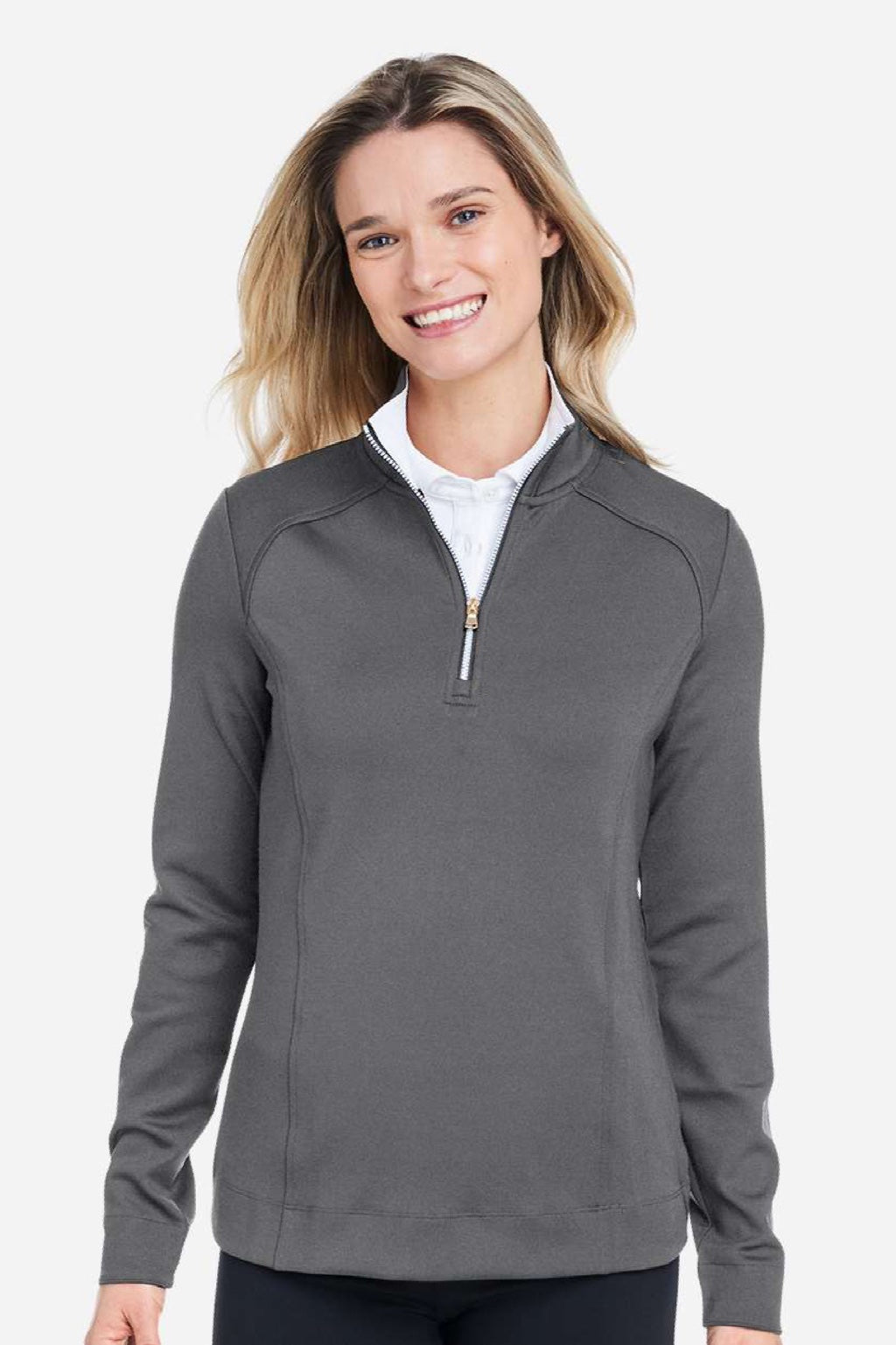 Fairway & Greene F12250 Womens Wells 1/4 Zip Tech Sweatshirt Heather Dark Shadow Grey Model Front