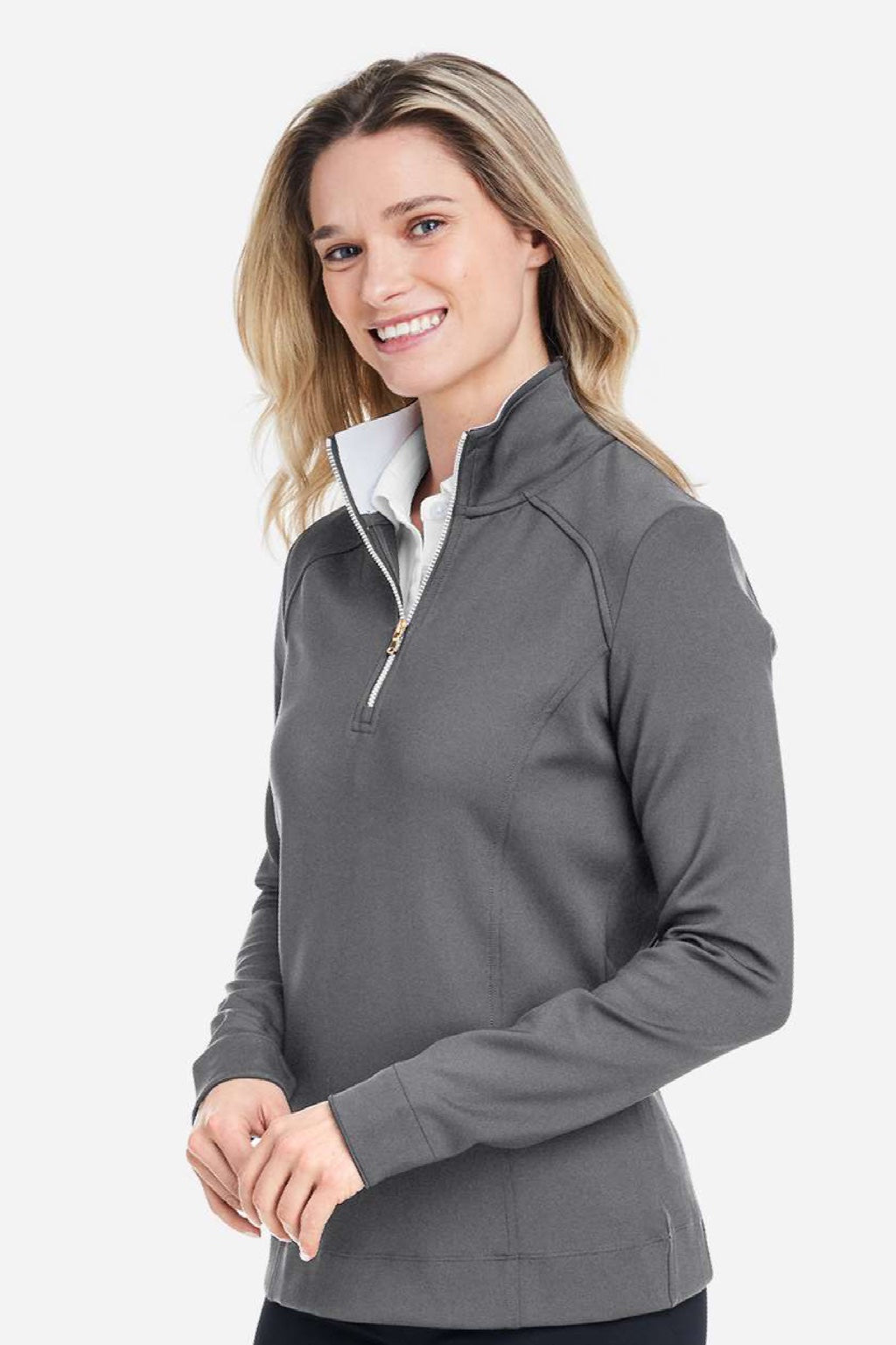 Fairway & Greene F12250 Womens Wells 1/4 Zip Tech Sweatshirt Heather Dark Shadow Grey Model Side
