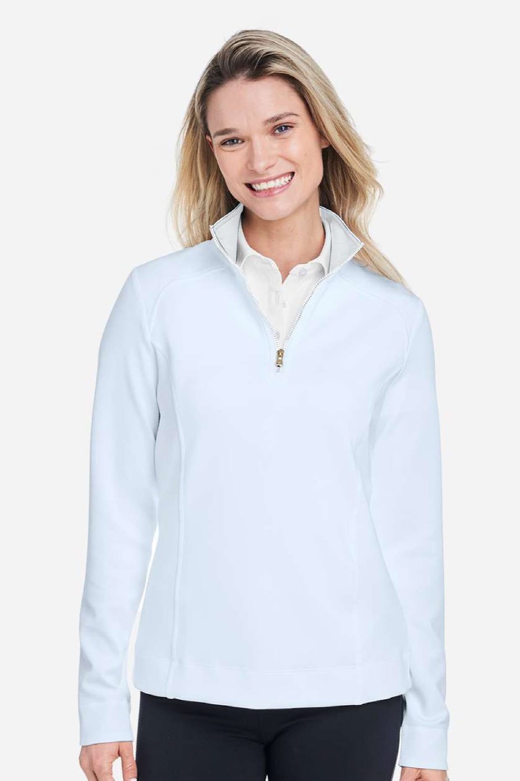 Fairway & Greene F12250 Womens Wells 1/4 Zip Tech Sweatshirt Dream Blue/White Model Front