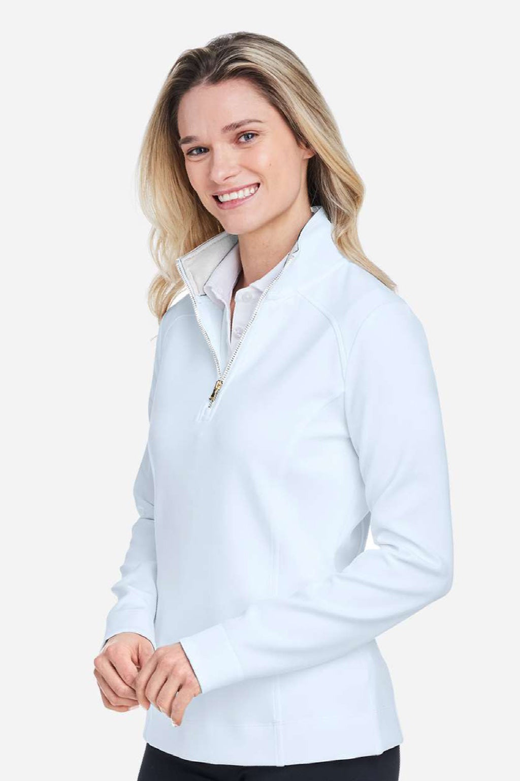 Fairway & Greene F12250 Womens Wells 1/4 Zip Tech Sweatshirt Dream Blue/White Model Side