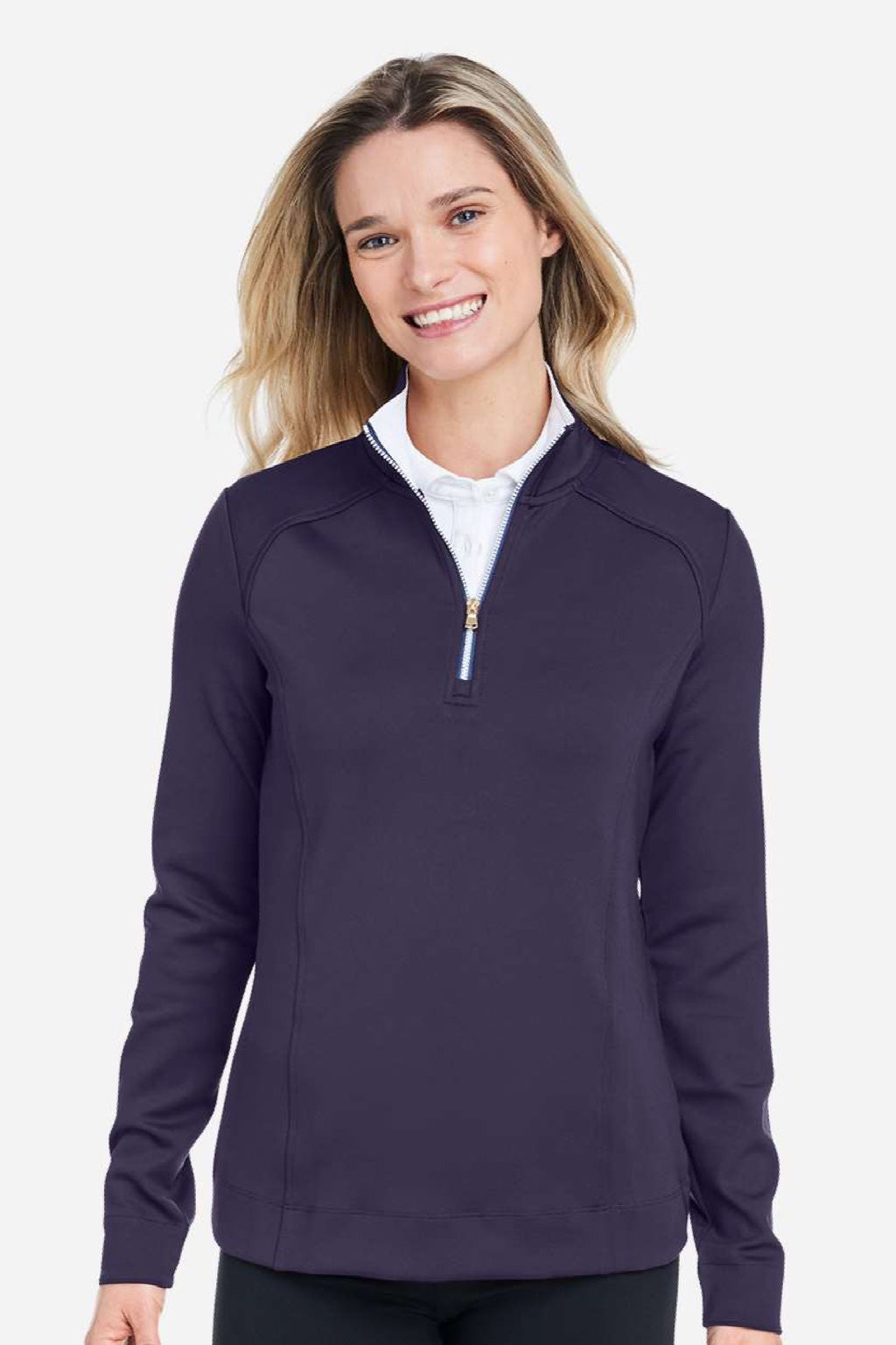 Fairway & Greene F12250 Womens Wells 1/4 Zip Tech Sweatshirt Eclipse Blue/White Model Front