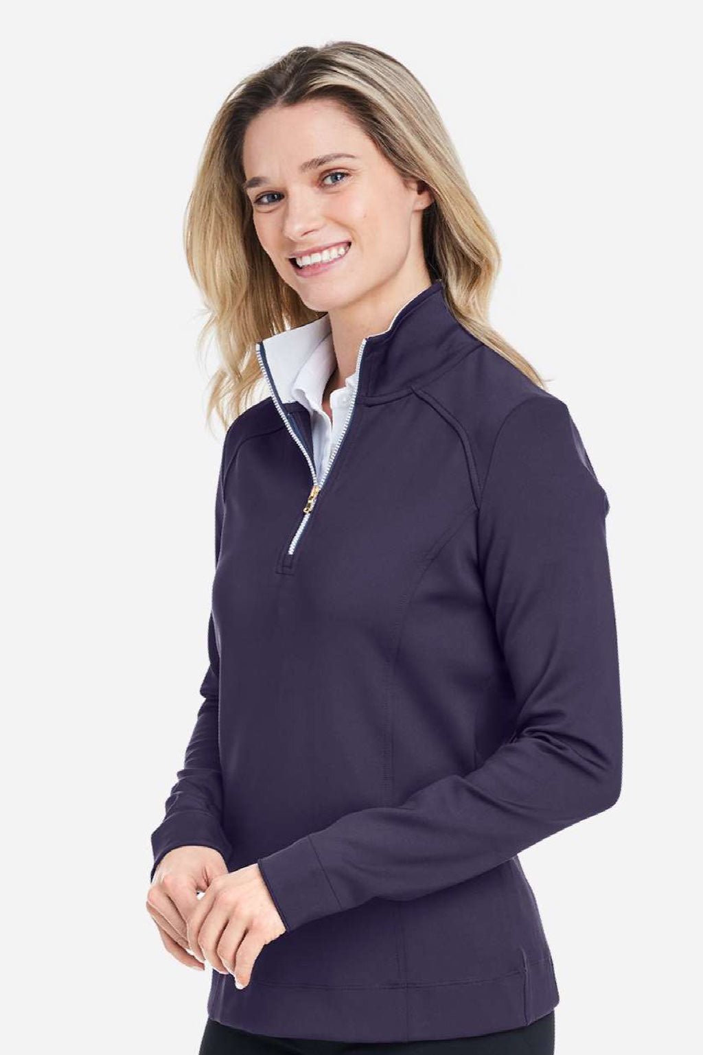 Fairway & Greene F12250 Womens Wells 1/4 Zip Tech Sweatshirt Eclipse Blue/White Model Side