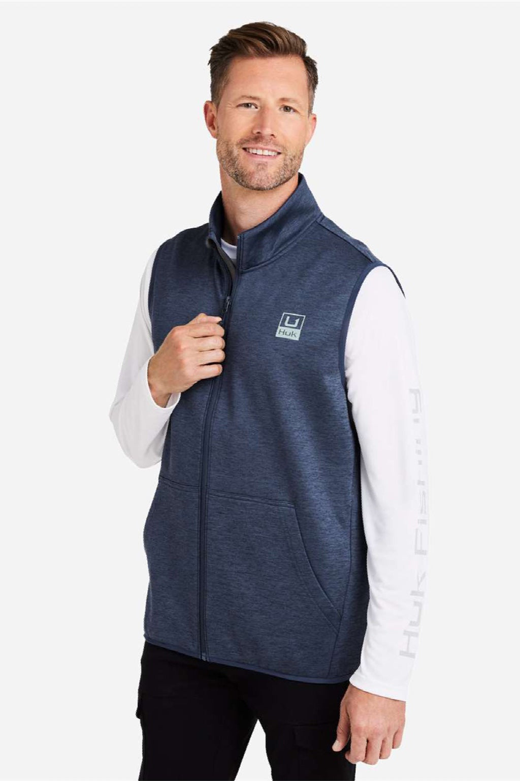 Huk H130099 Mens Cold Front Full Zip Vest Heather Naval Academy Blue Model Side