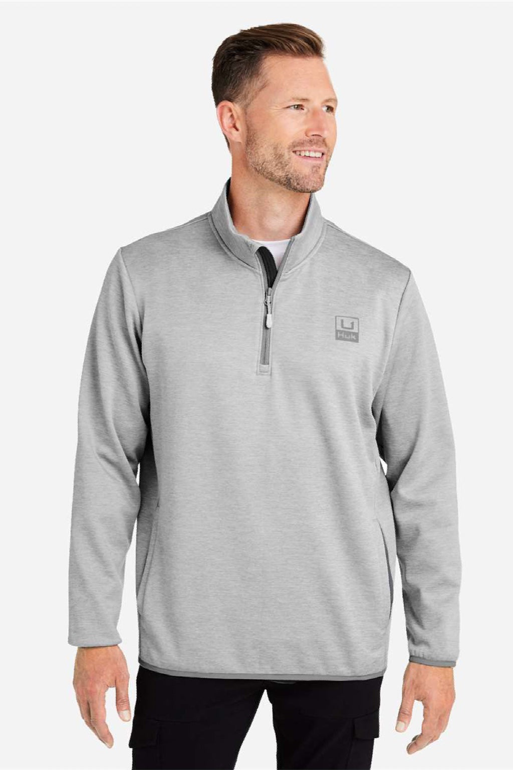 Huk H130098 Mens Cold Front 1/4 Zip Sweatshirt w/ Pockets Heather Harbor Mist Grey Model Front
