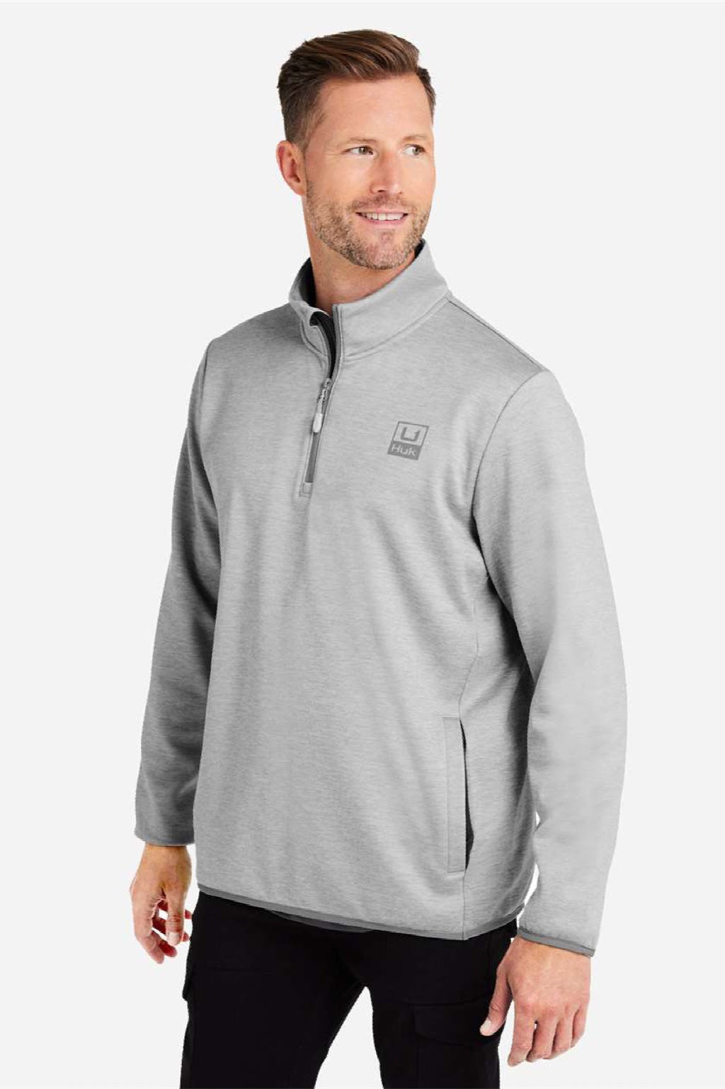 Huk H130098 Mens Cold Front 1/4 Zip Sweatshirt w/ Pockets Heather Harbor Mist Grey Model Side