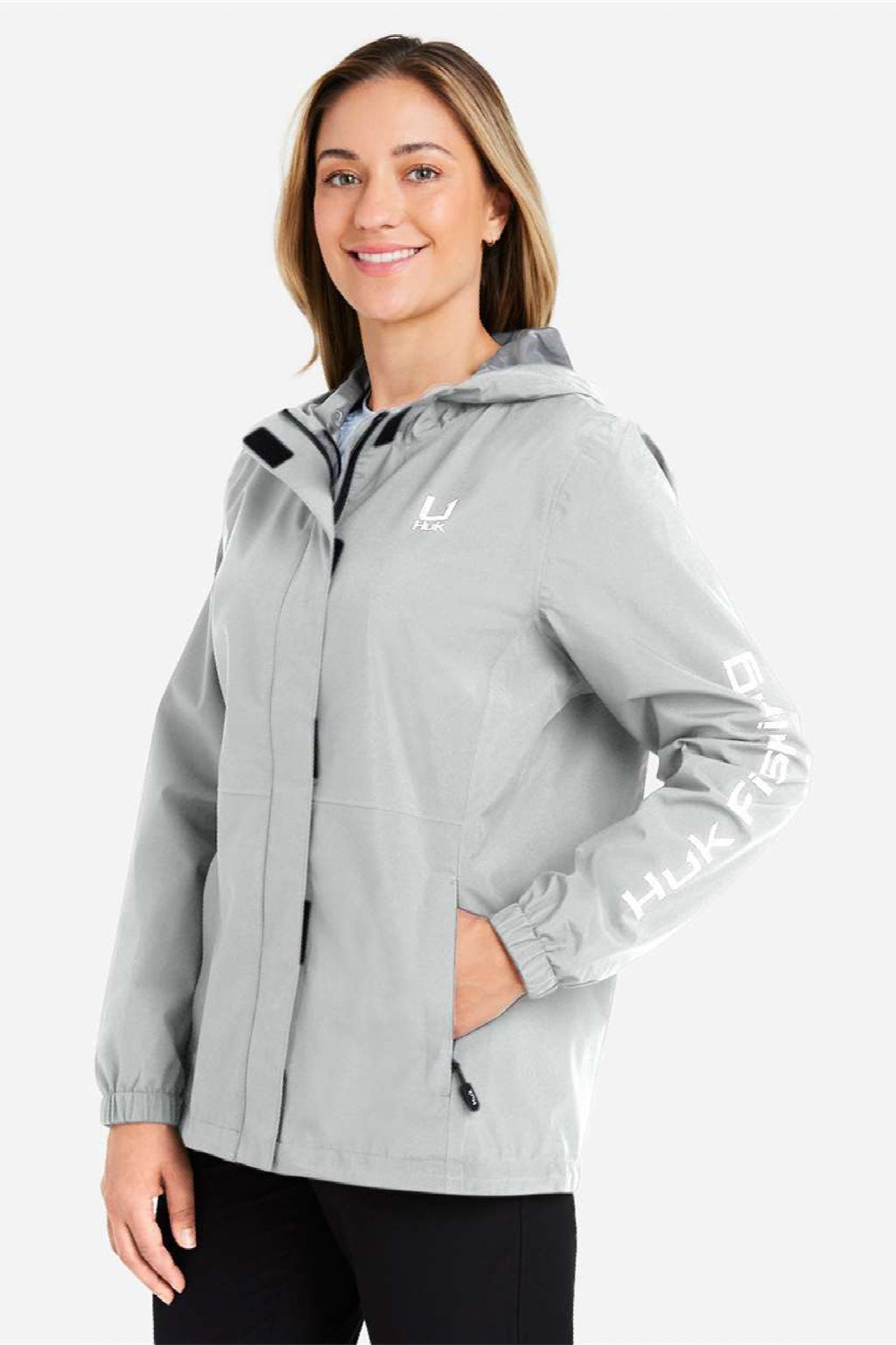 Huk H640027 Womens Storm Full Zip Hooded Rain Jacket Harbor Mist Grey Model Side