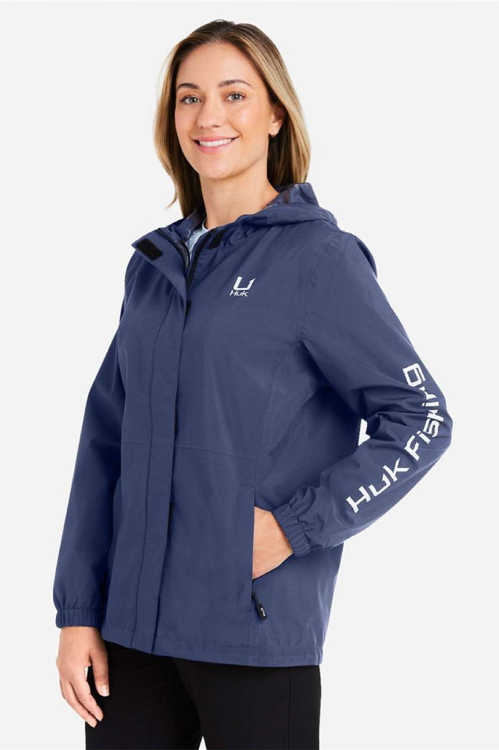 Huk H640027 Womens Storm Full Zip Hooded Rain Jacket Naval Academy Blue Model Side