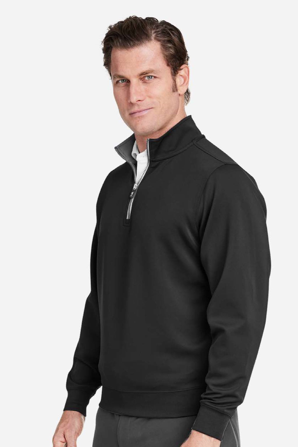 Fairway & Greene C11512 Mens Caves 1/4 Zip Tech Sweatshirt Black/Heather Dark Shadow Grey Model Side