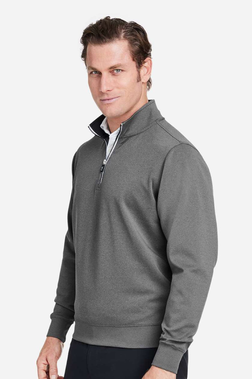 Fairway & Greene C11512 Mens Caves 1/4 Zip Tech Sweatshirt Heather Dark Shadow Grey Model Side