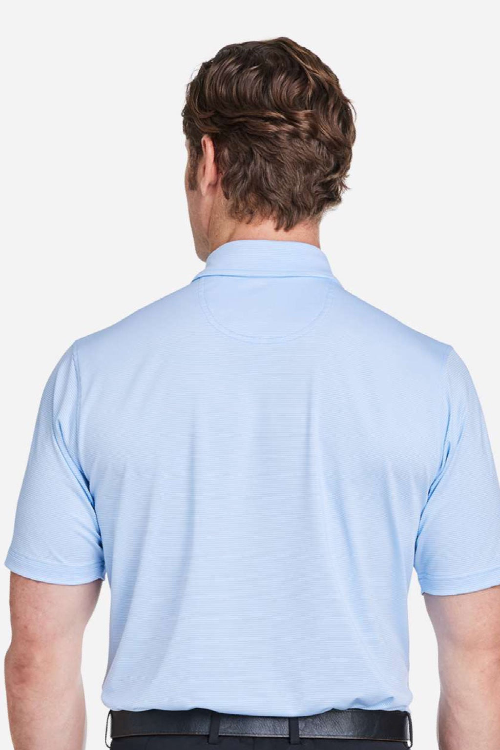 Fairway & Greene I11526 Mens USA Made Mini Stripe Tech Short Sleeve Polo Shirt Bluff Blue Model Back