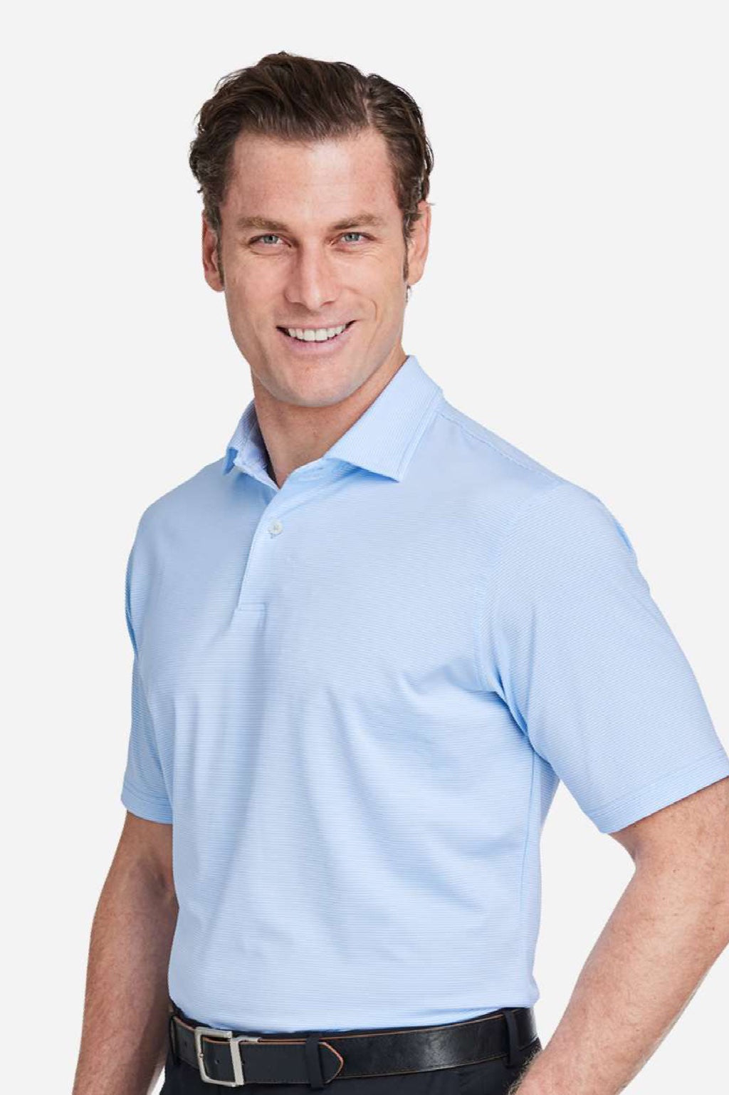 Fairway & Greene I11526 Mens USA Made Mini Stripe Tech Short Sleeve Polo Shirt Bluff Blue Model Side