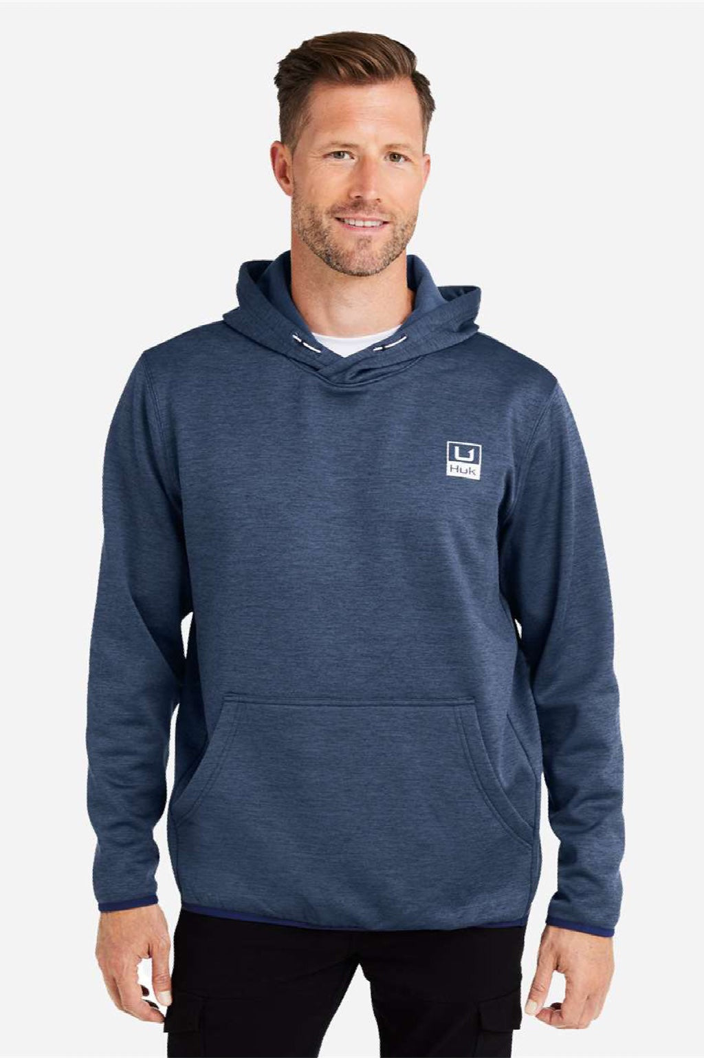 Huk H130093 Mens Performance Fleece Hooded Sweatshirt Hoodie w/ Pouch Pocket Heather Naval Academy Blue Model Front